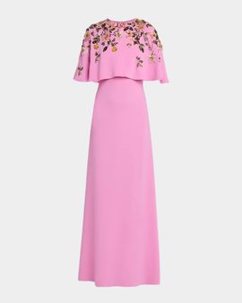 Oscar de la Renta Floral Beaded Capelet Silk Georgette Gown