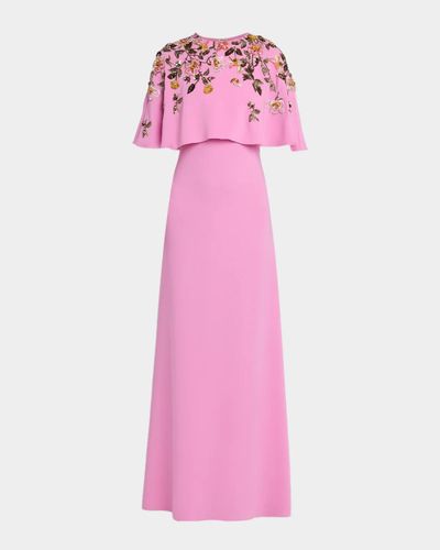 Oscar de la Renta Floral Beaded Capelet Silk Georgette Gown