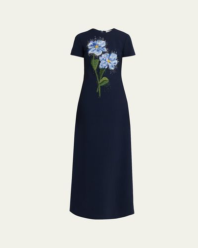 Oscar de la Renta Floral Beaded Short-Sleeve A-Line Gown