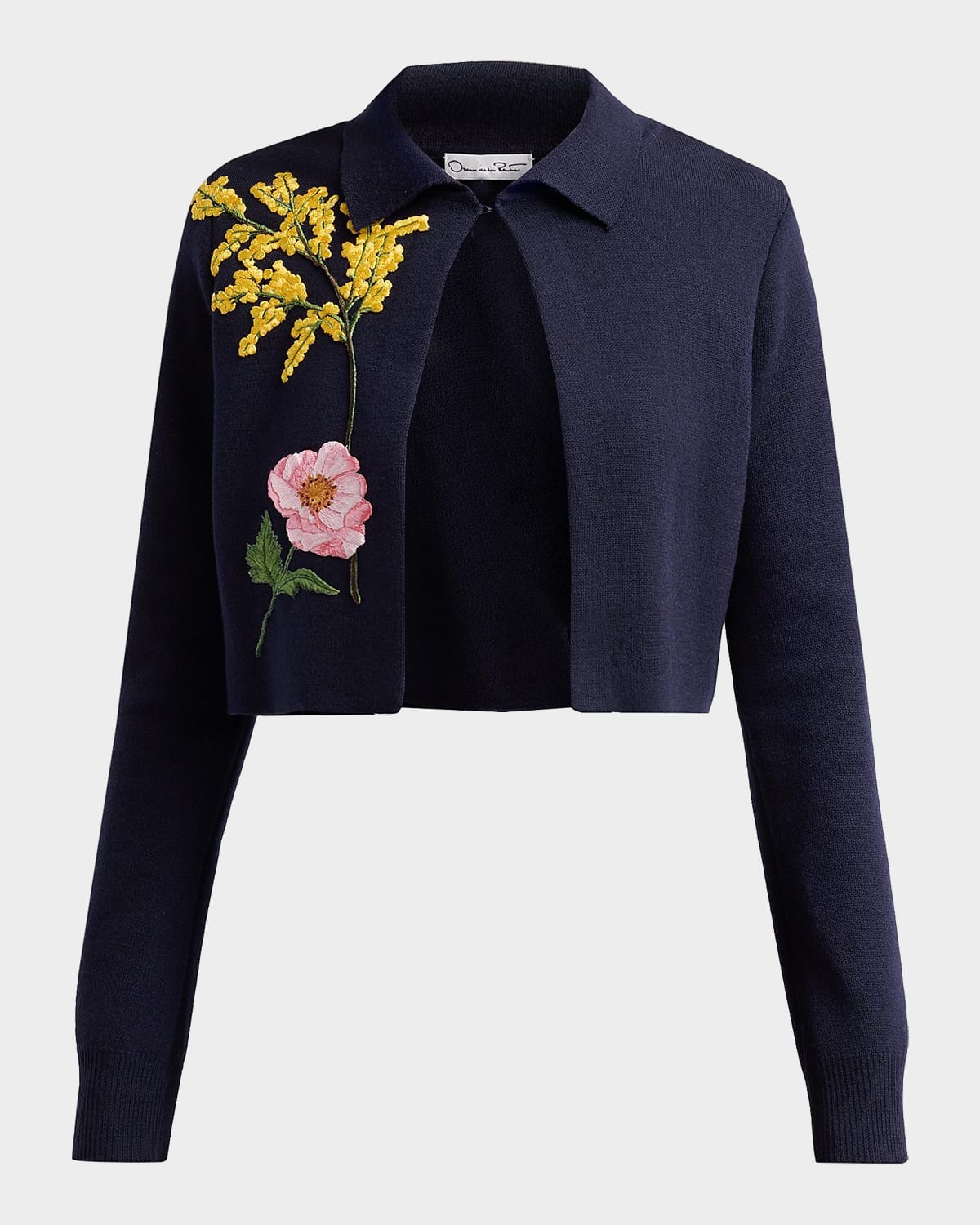 Oscar de la Renta Floral Embroidered Wool Crop Collared Cardigan