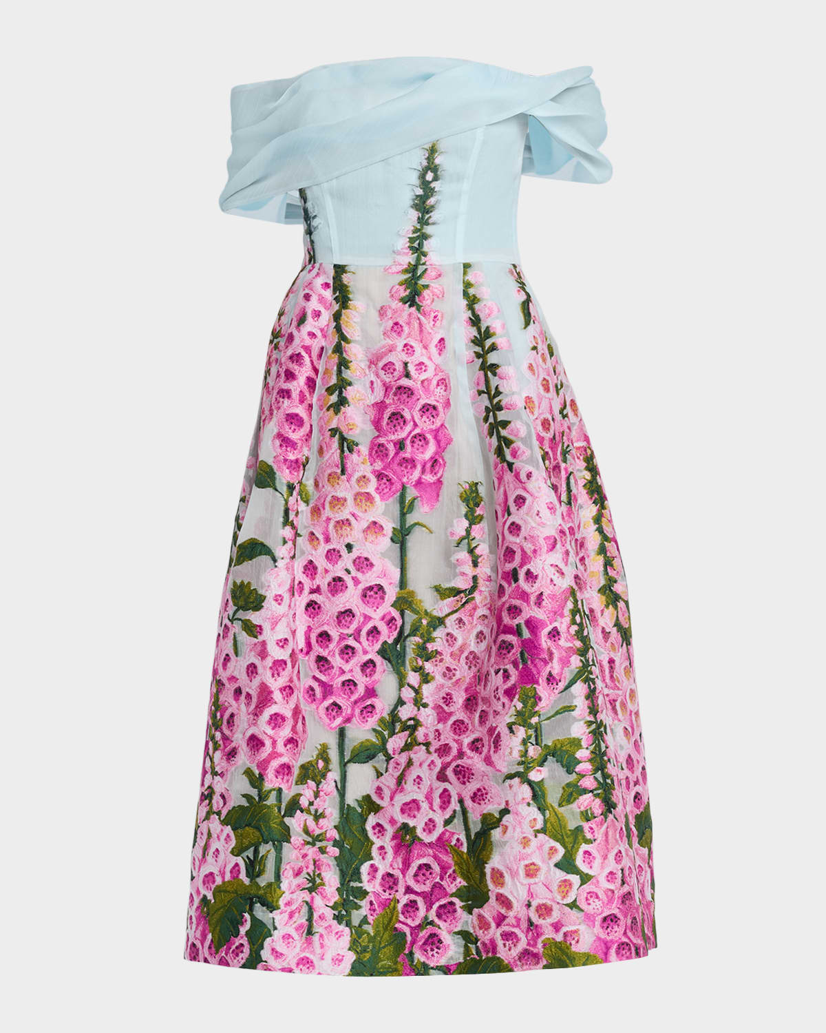 Oscar de la Renta Foxglove Ombre Organza Off-The-Shoulder Tea-Length Dress