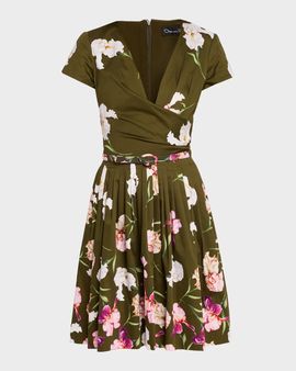 Oscar de la Renta Iris-Print Short-Sleeve Pleated Mini Dress With Belt