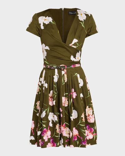 Oscar de la Renta Iris-Print Short-Sleeve Pleated Mini Dress With Belt