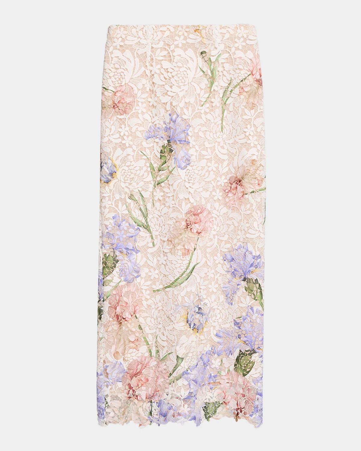 Oscar de la Renta Iris Degrade Print Guipure Lace Midi Skirt