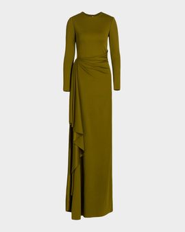 Oscar de la Renta Long-Sleeve Draped Satin Jersey Gown