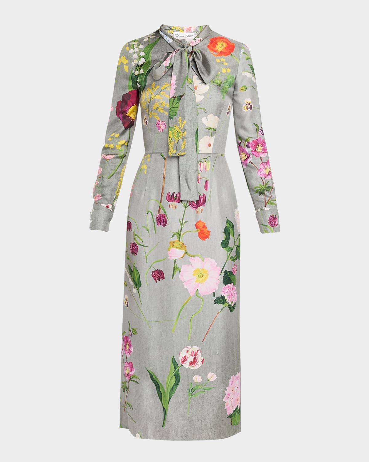 Oscar de la Renta Long-Sleeve Mixed Botanical Silk Scarf-Neck Midi Dress