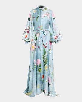 Oscar de la Renta Long-Sleeve Mixed Botanical Silk Twill Belted Maxi Dress
