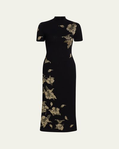 Oscar de la Renta Metallic Hibiscus Flower Knit Short-Sleeve Midi Dress