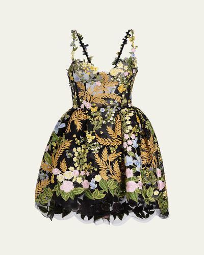 Oscar de la Renta Mixed Botanical Embroidered Tulle High-Low Bustier Dress