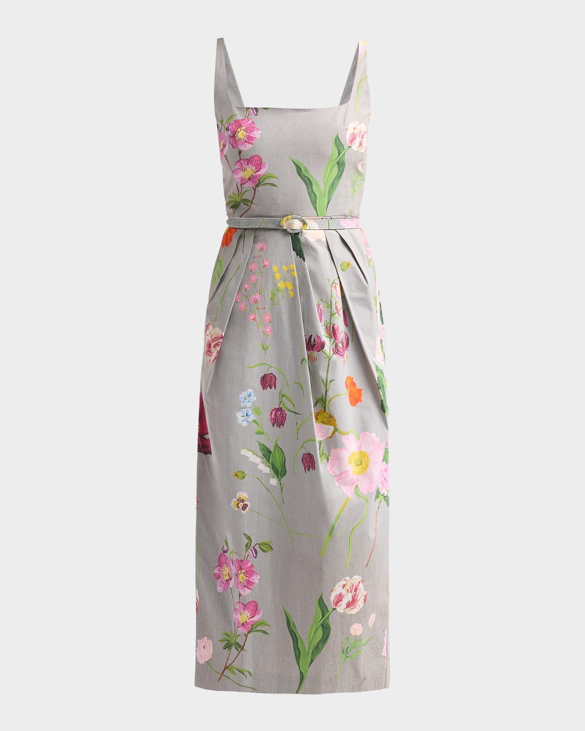 Oscar de la Renta Mixed Botanical Pleated Stretch-Cotton Midi Dress