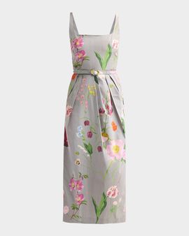 Oscar de la Renta Mixed Botanical Pleated Stretch-Cotton Midi Dress