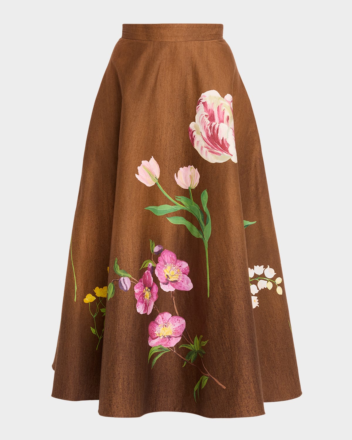 Oscar de la Renta Mixed Botanical Print Cotton Midi Skirt
