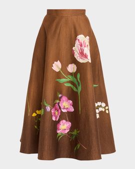 Oscar de la Renta Mixed Botanical Print Cotton Midi Skirt