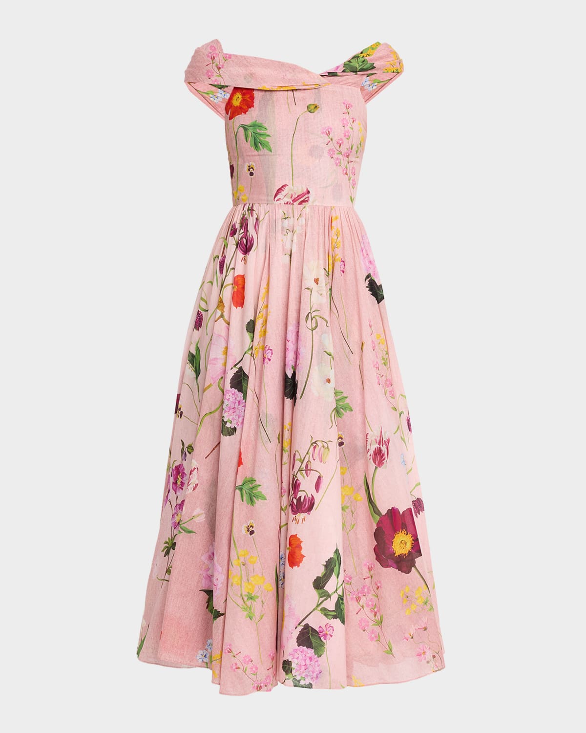 Oscar de la Renta Off-The-Shoulder Mixed Botanical Cotton Midi Dress