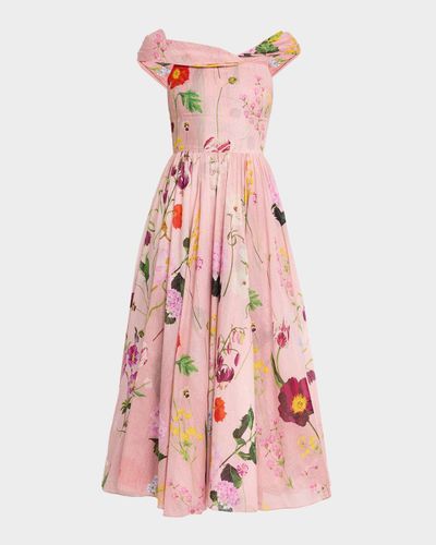 Oscar de la Renta Off-The-Shoulder Mixed Botanical Cotton Midi Dress