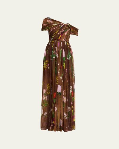 Oscar de la Renta One-Shoulder Mixed Botanical Silk Chiffon Gown