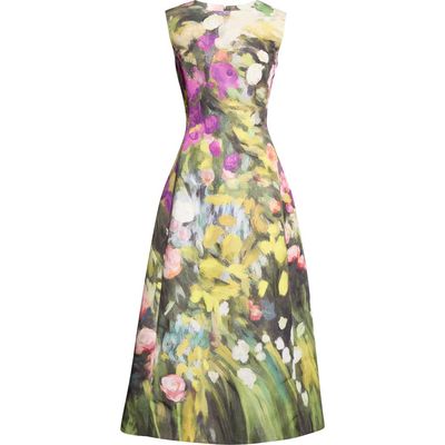 Oscar de la Renta Oscar de la Renta Abstract Garden Print Sleeveless Faille Dress