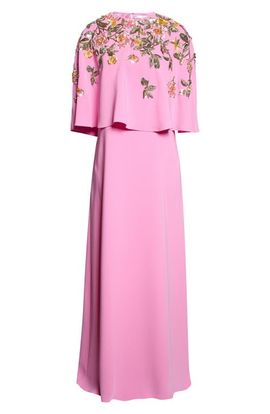 Oscar de la Renta Oscar de la Renta Beaded Mixed Botanical Embroidered Stretch Silk Georgette Dress