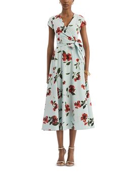 Oscar De La Renta Oscar de la Renta Cap Sleeve Hibiscus Cotton Poplin Wrap Dress