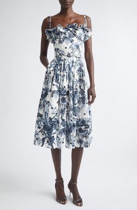 Oscar de la Renta Oscar de la Renta Dotted Palm Leaves Poplin Sundress