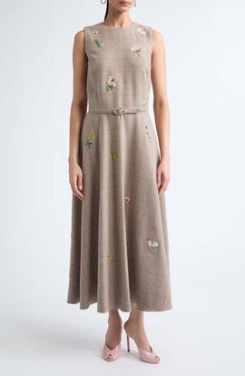 Oscar de la Renta Oscar de la Renta Embroidered Sleeveless Glen Plaid Wool Blend Dress