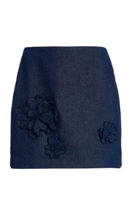 Oscar de la Renta Oscar de la Renta Embroidered StretchDenim Mini Skirt Dark Wash