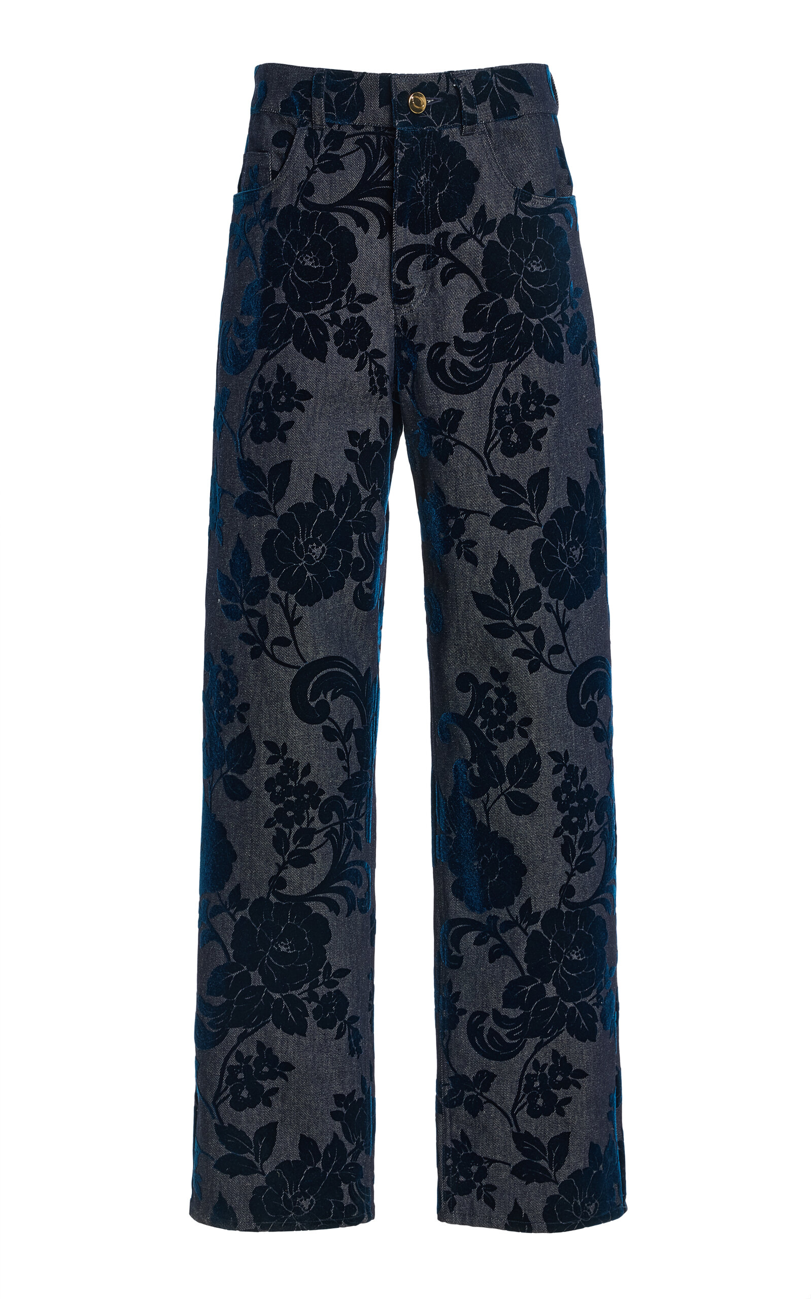 Oscar de la Renta Oscar de la Renta Flocked Floral Denim StraightLeg Pants