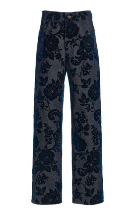 Oscar de la Renta Oscar de la Renta Flocked Floral Denim StraightLeg Pants