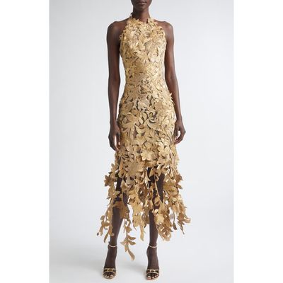 Oscar de la Renta Oscar de la Renta Floral Metallic Corded Lace Halter Cocktail Dress