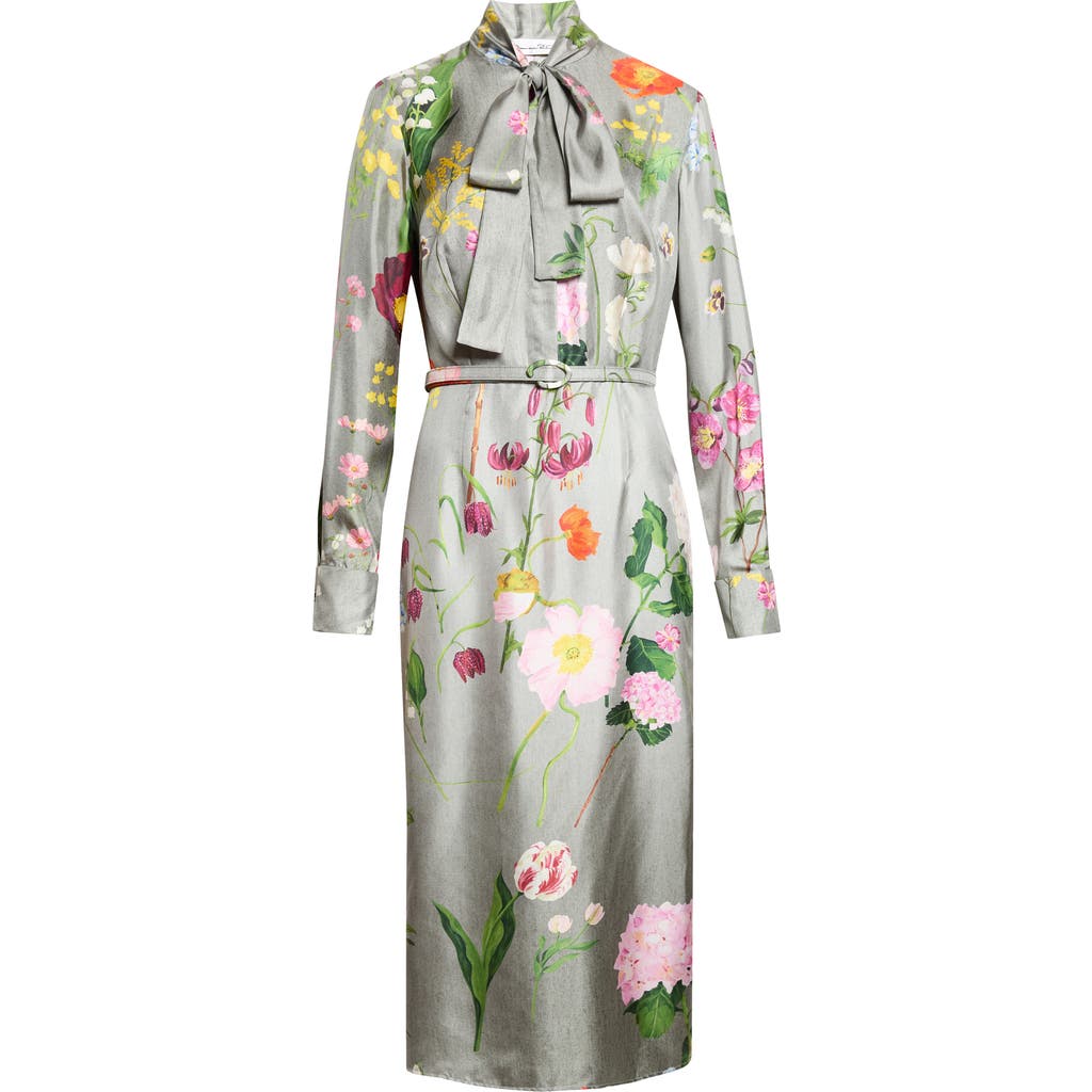 Oscar de la Renta Oscar de la Renta Floral Print Long Sleeve Silk Midi Dress