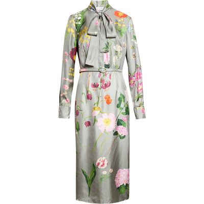 Oscar de la Renta Oscar de la Renta Floral Print Long Sleeve Silk Midi Dress