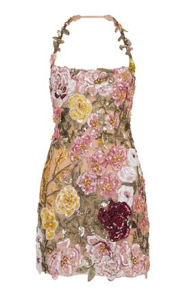 Oscar de la Renta Oscar de la Renta FloralEmbroidered Tulle Mini Halter Dress
