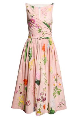 Oscar de la Renta Oscar de la Renta Mixed Botanical Cotton Stretch Poplin Midi Dress