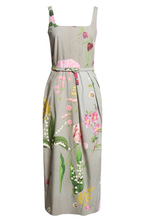 Oscar de la Renta Oscar de la Renta Mixed Botanical Pleated Cotton Stretch Poplin Midi Dress