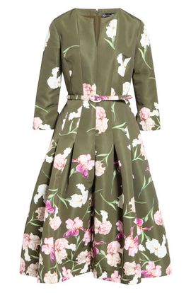 Oscar de la Renta Oscar de la Renta Painted Iris Belted Long Sleeve Dress