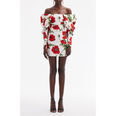 Oscar de la Renta Oscar de la Renta Poppies Off the Shoulder Long Sleeve Minidress