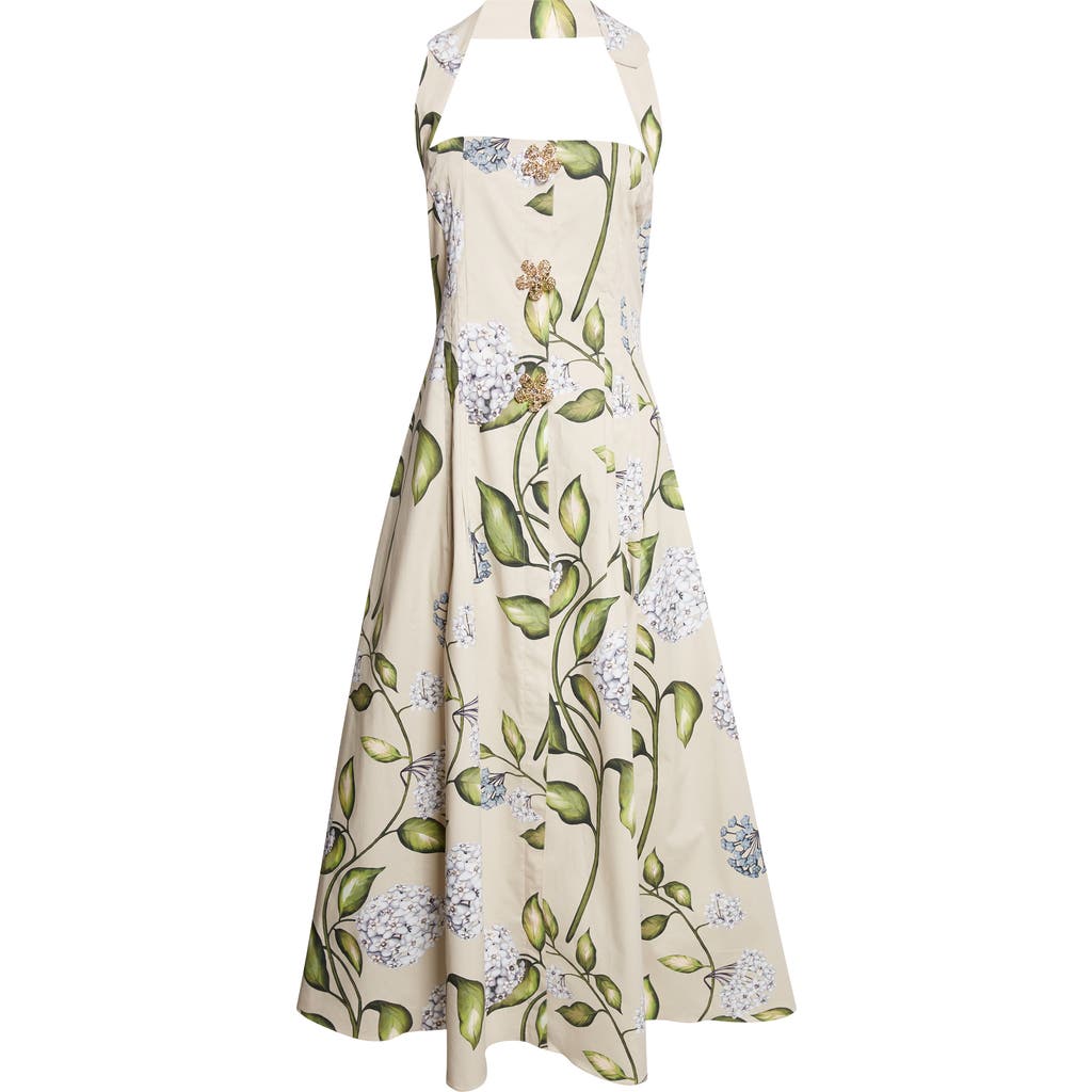 Oscar de la Renta Oscar de la Renta Porcelain Flowers Stretch Cotton Poplin Halter Neck Dress