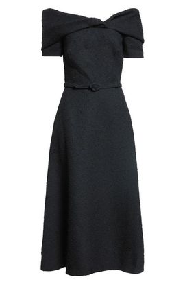 Oscar de la Renta Oscar de la Renta Slubby Off the Shoulder Tweed Midi Dress
