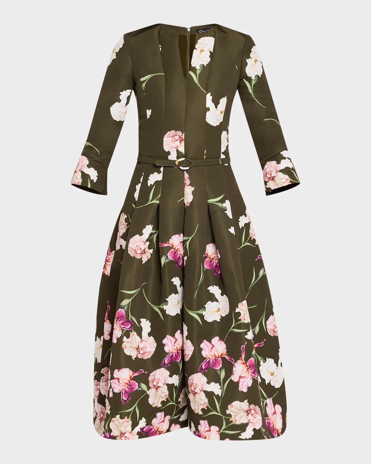 Oscar de la Renta Painted Iris Dégradé Faille Split-Neck Midi Dress