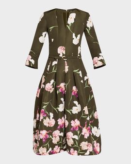 Oscar de la Renta Painted Iris Dégradé Faille Split-Neck Midi Dress