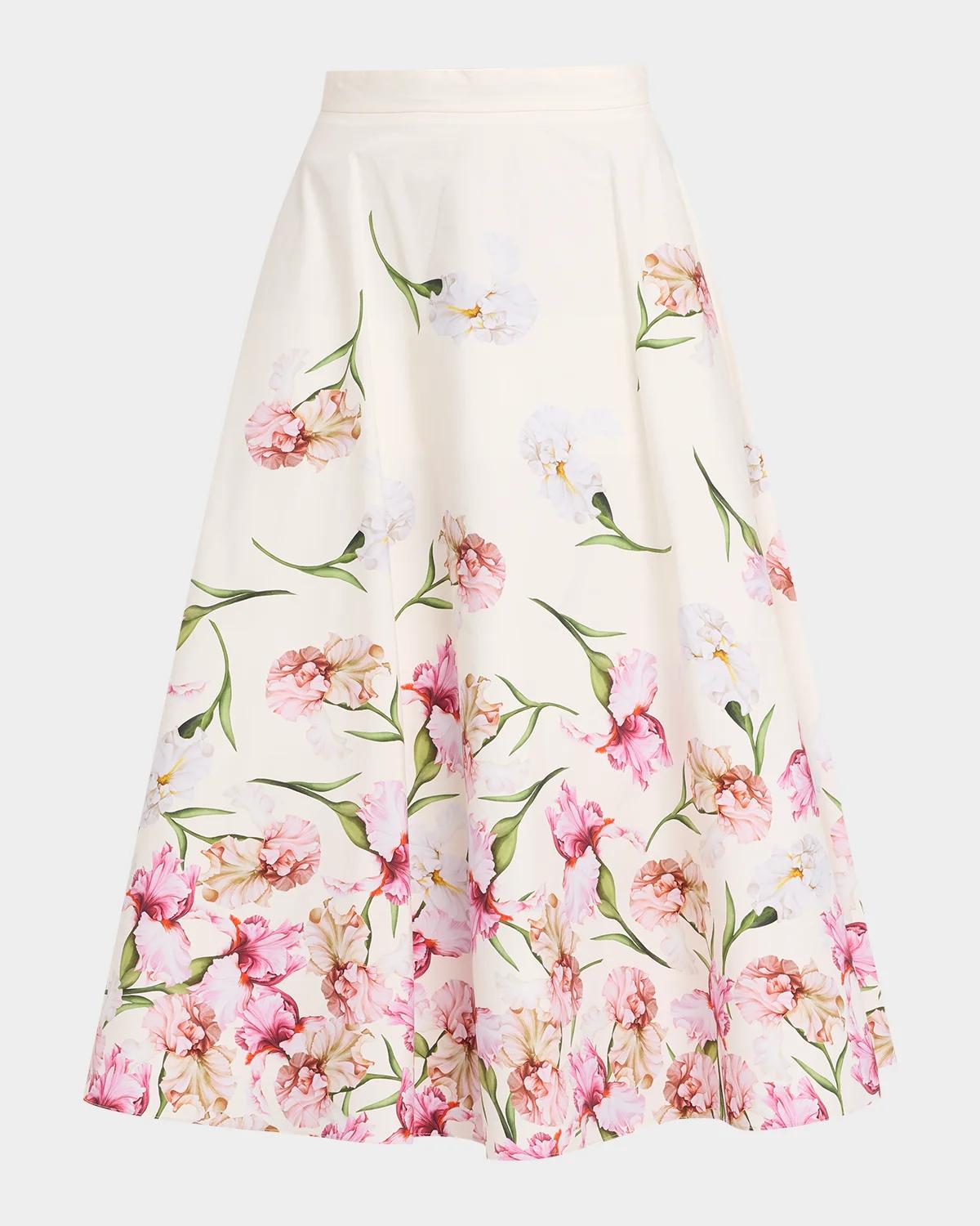 Oscar de la Renta Painted Iris Print Cotton Midi Skirt
