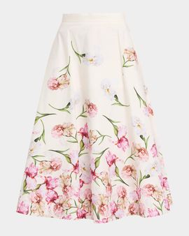 Oscar de la Renta Painted Iris Print Cotton Midi Skirt