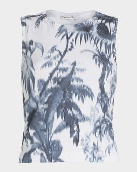 Oscar de la Renta Palm-Print Rib Sleeveless Sweater