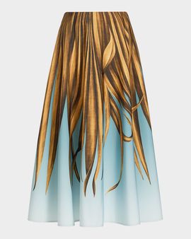 Oscar de la Renta Palm Print A-Line Midi Skirt