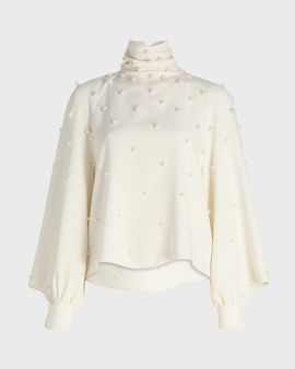 Oscar de la Renta Pearly Beaded Silk Georgette Balloon-Sleeve Blouse