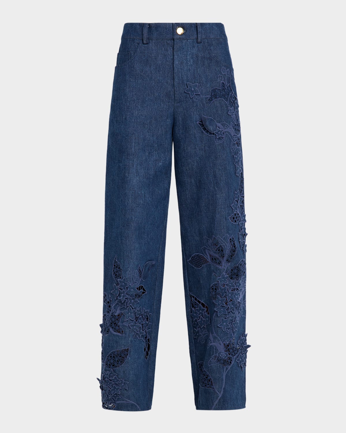 Oscar de la Renta Porcelain Flowers Embroidered Denim Straight-Leg Jeans