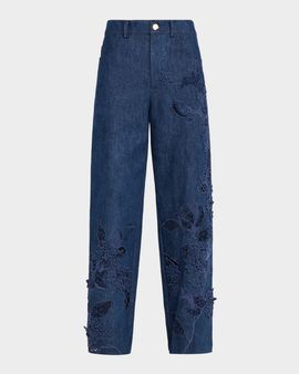 Oscar de la Renta Porcelain Flowers Embroidered Denim Straight-Leg Jeans