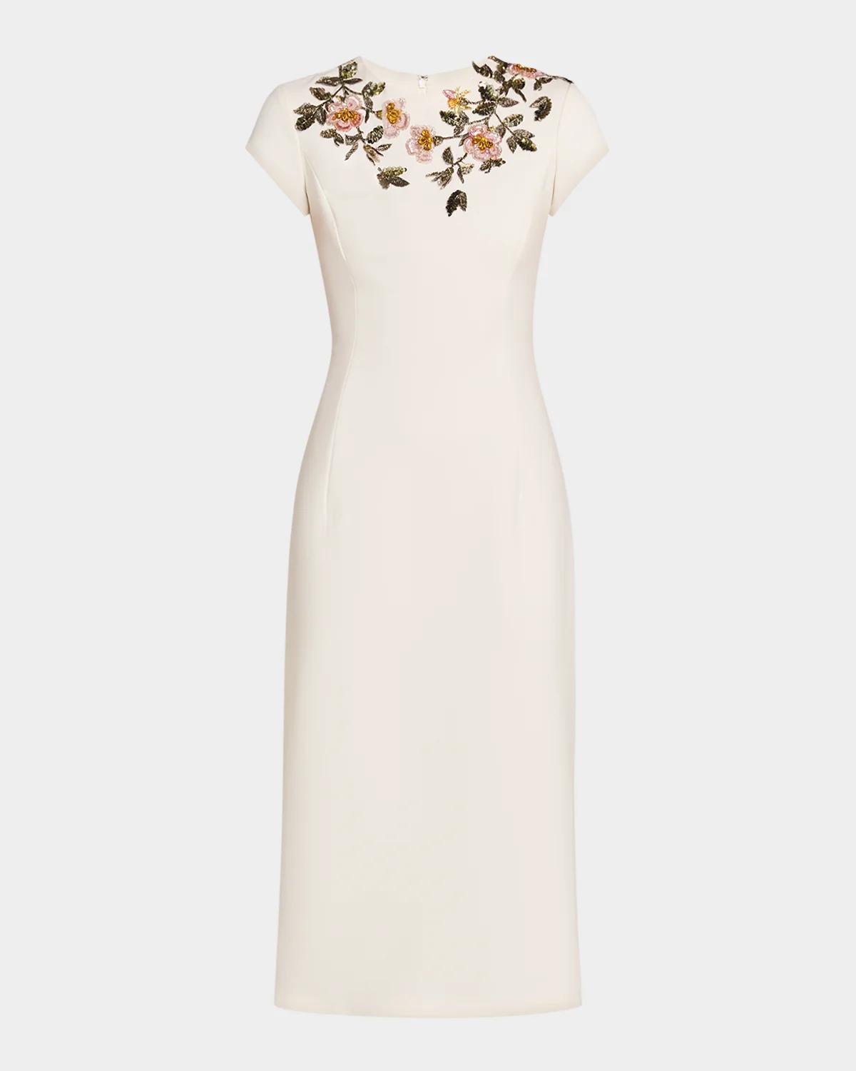 Oscar de la Renta Short-Sleeve Beaded Sheath Midi Dress