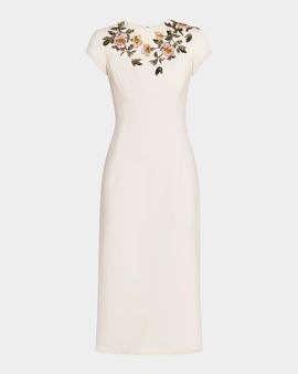 Oscar de la Renta Short-Sleeve Beaded Sheath Midi Dress
