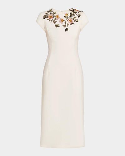 Oscar de la Renta Short-Sleeve Beaded Sheath Midi Dress
